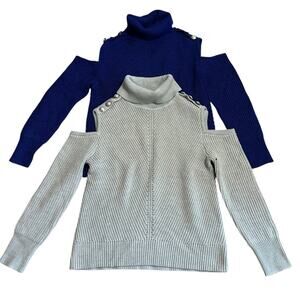 I.N.C. Womens M Turtleneck Cold-Shoulder Chunky Sweater Blue & Gray Lot of 2